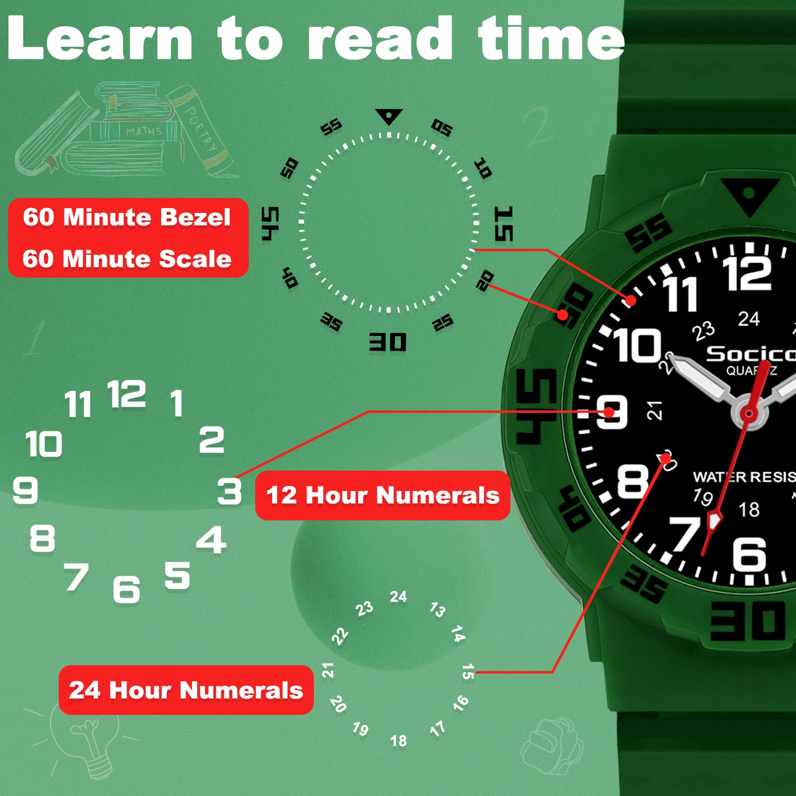 SOCICO Children Analog Watch for Boys Girls Waterproof Time Teaching Watch with Soft Band, Learning Time Wrist Watch Easy to Read Christmas Gifts for Kids Ages 3-12 Great Gifts