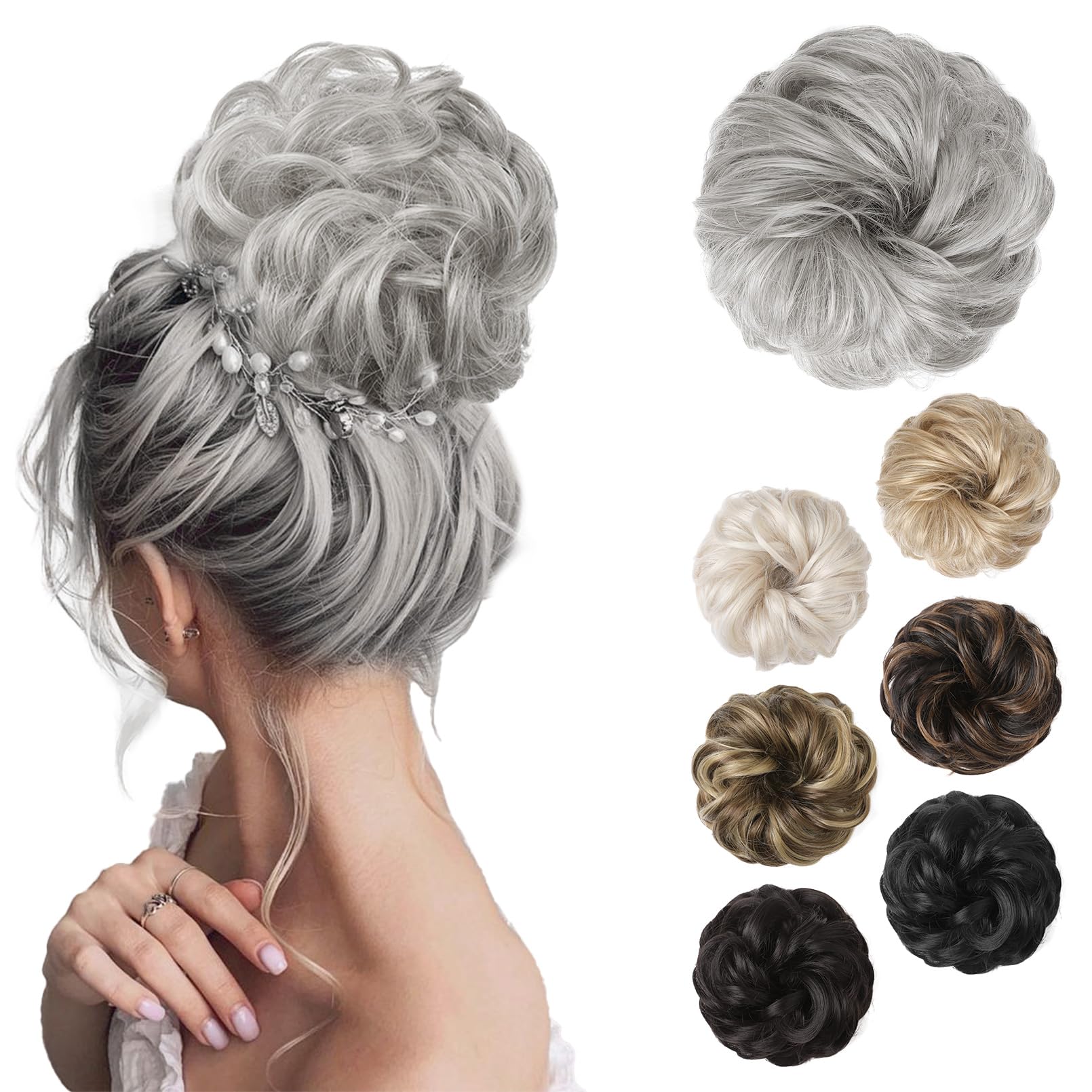 REECHO Messy Bun Hair Piece - Thick Tousled Updo Elastic Synthetic Ponytail Extensions for Women - Silver Grey Scrunchies Donut Accessories