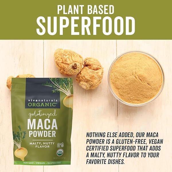 VIVA NATURALS ORGANIC MACA POWDER, GELATINIZED, 8 OZ – VEGAN, USDA ORGANIC, GLUTEN-FREE, NON-GMO PERUVIAN SUPERFOOD IN RESEALABLE BAG