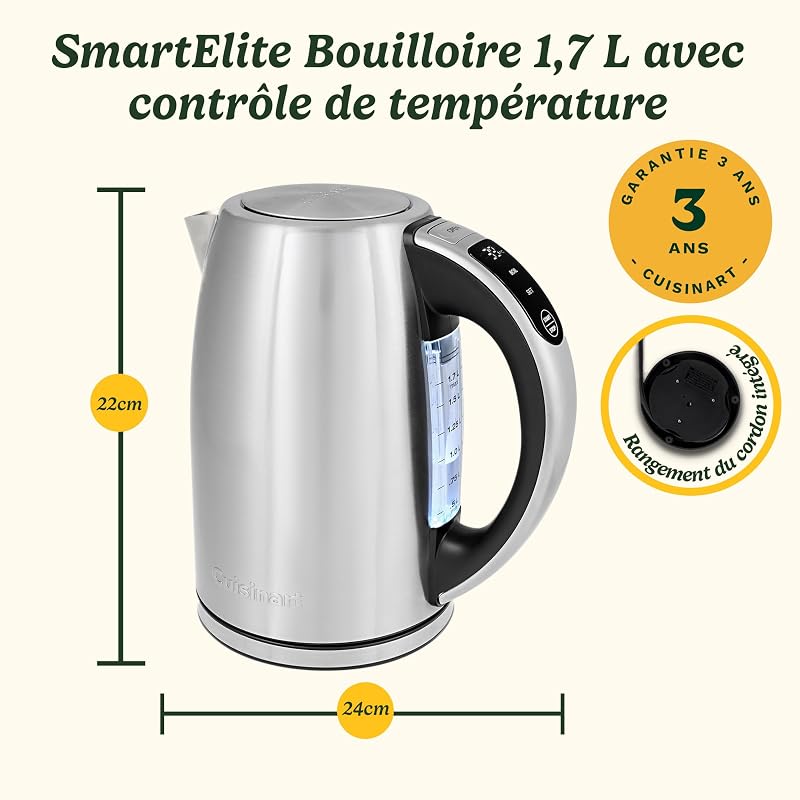 Bouilloire Électrique SmartElite 1,7L Inox – Écran tactile, Température réglable 50–100°C, Ébullition rapide 3 kW, Filtre anticalcaire lavable, Bec précis