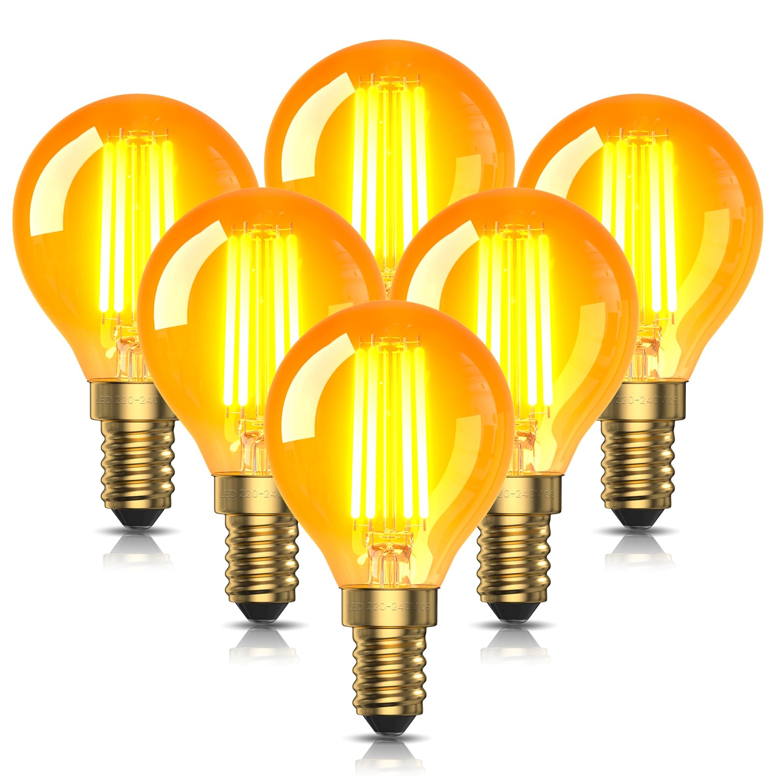 Bonlux Vintage E14 LED Light Bulb Warm White 4W Amber 2200K, Small Edison Screw Filament Bulbs, SES G45 Golf Ball Bulb, Replace 35W, Non-dimmable for Table Lamp, Decorative Lighting-6Pack
