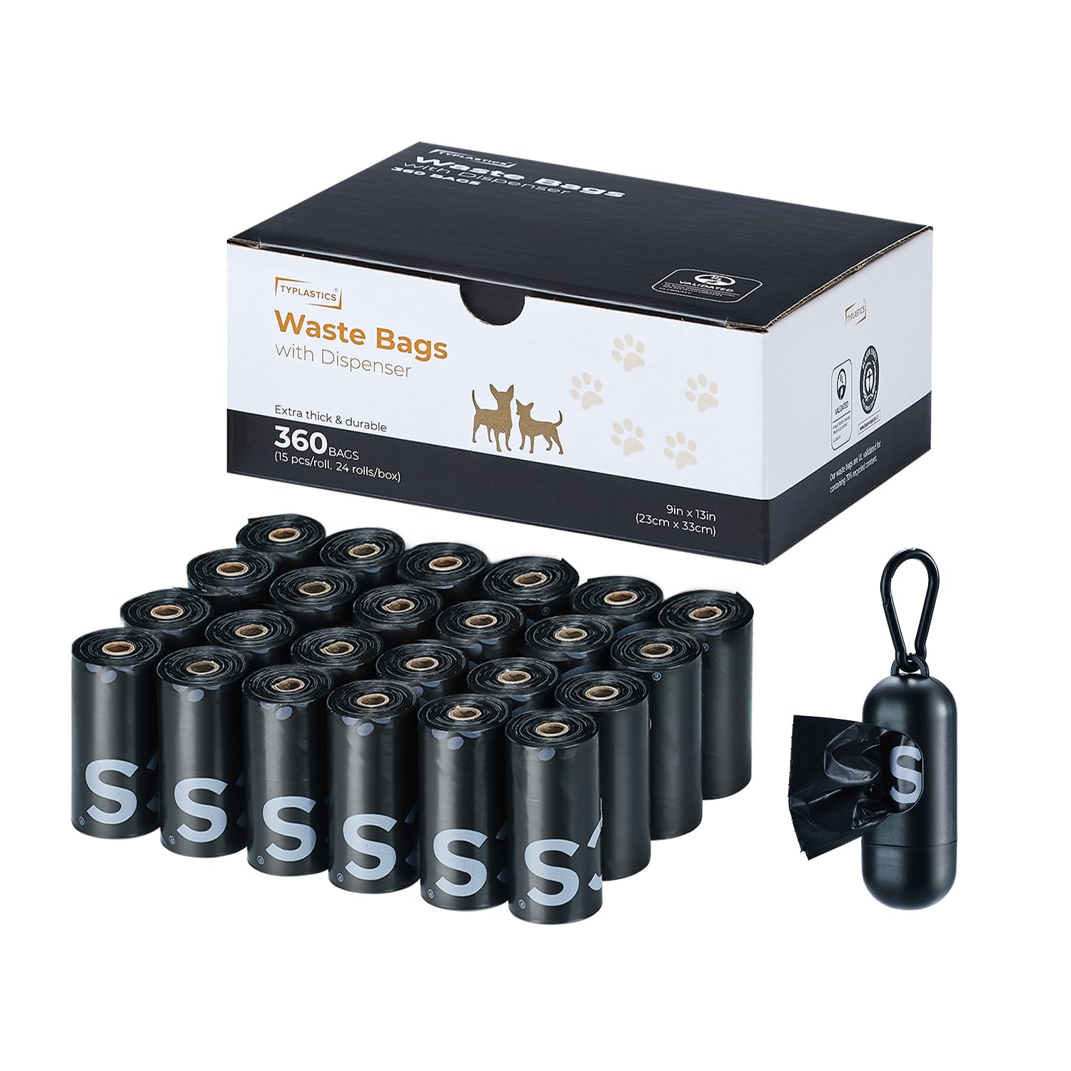 Photo 1 of Typlastics Poop Bags for Dogs with Dispenser, Unscented Waste Bags, 360 Count, 24 Pack of 15, Black,70% Recycled Content