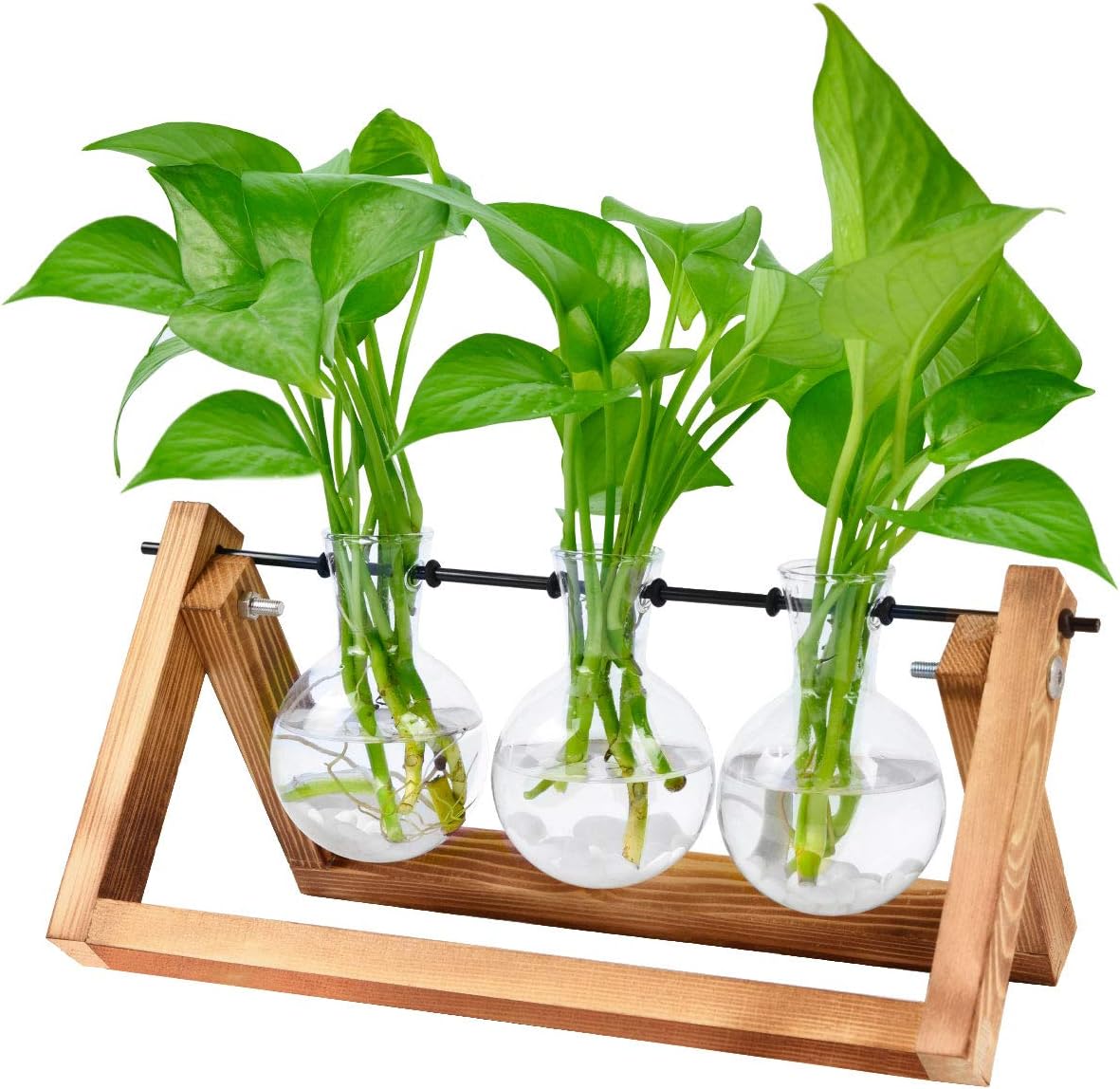 Bulb Glass Planter Vase Terrarium Hydroponics Desktop Planter Vase Holder with Wooden Stand and Metal Swivel Holder for Home Garden Office Decoration - 3 Bulb Vase