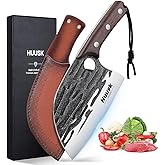 Huusk Upgraded Serbian Chef Knife-Japanese Meat Cleaver Knife for Meat Cutting Forged Butcher Knives with Sheath Full Tang Kitchen Chopping Knives for Home, Outdoor Camping, Gift for Men and Women