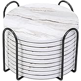 Caffox Coasters Set of 10, Absorbent Drink Coasters with Holder, Marble Style Ceramic Coaster for Wooden Table, Home Decor, 4 Inches(Griege)