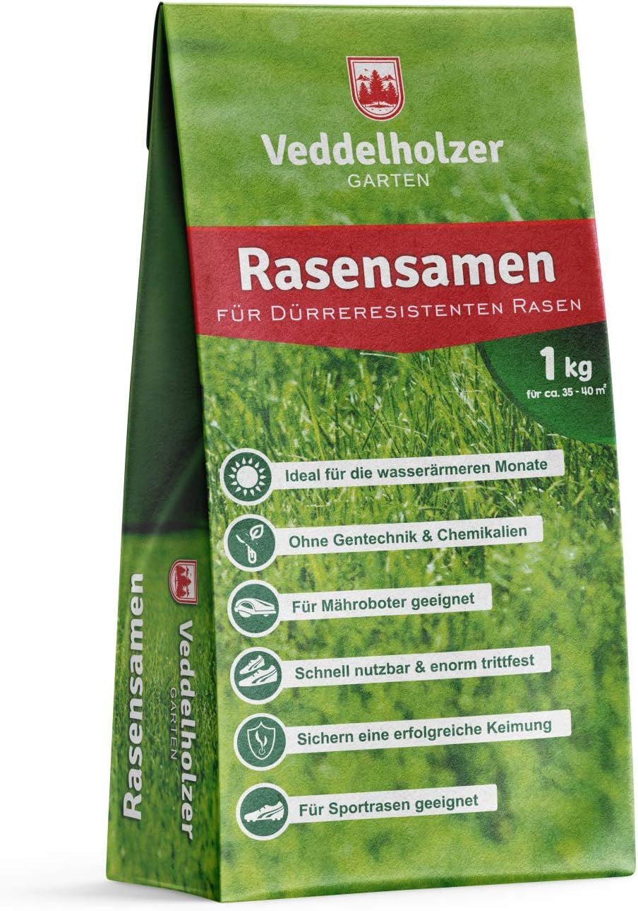 Veddelholzer Rasensamen dürreresistent für Trockenrasen & Schattenrasen Samen Grassamen schnellkeimend ideal als Saatgut für Sport und Spielrasen Rasen für Mähroboter im Garten geeignet 1 kg = 40 m²