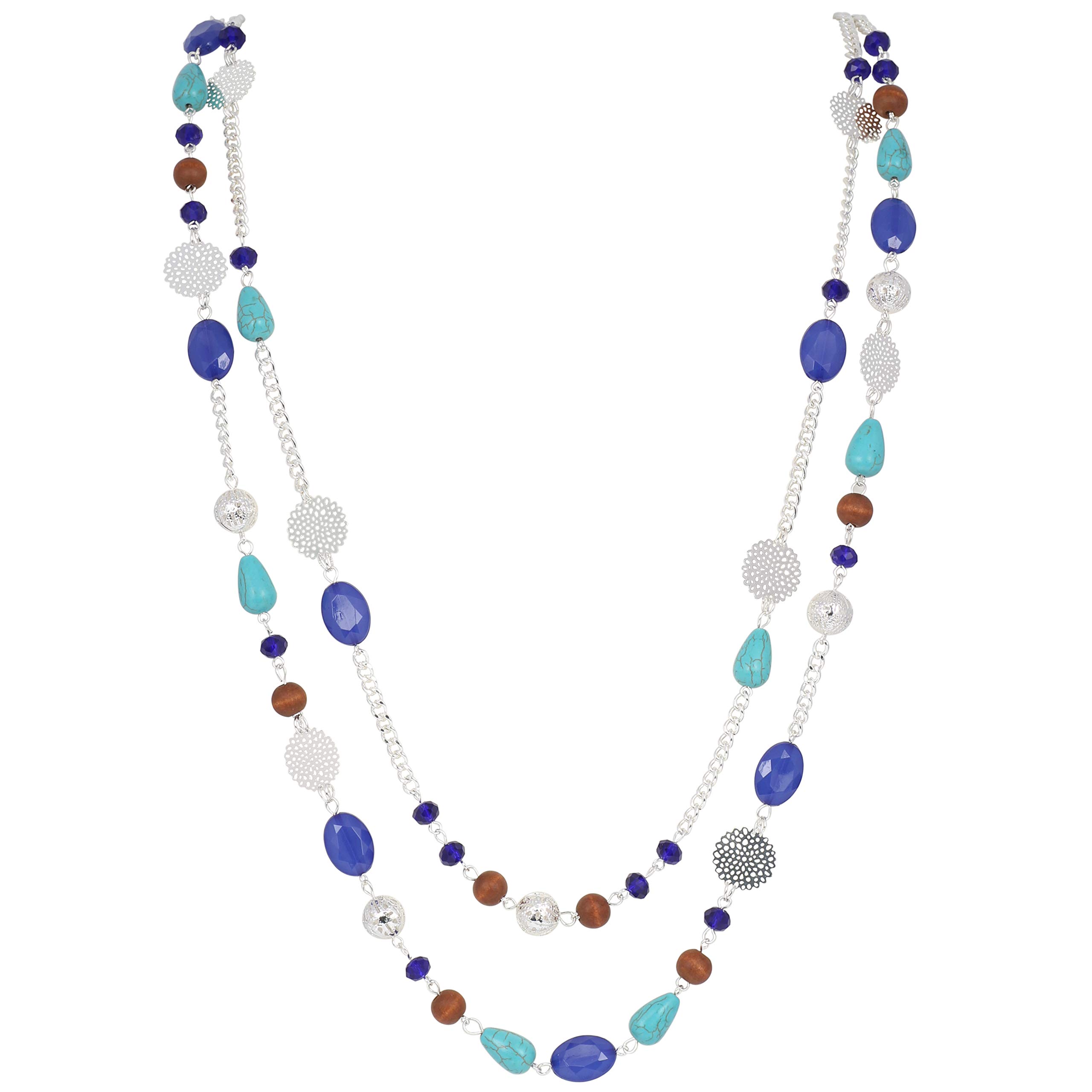 BOCAR 14K Gold Plated Link Chain 2 Layer Crystal Wood Acrylic Colorful Women Party Long Necklace Gift (NK-10084-diva blue)