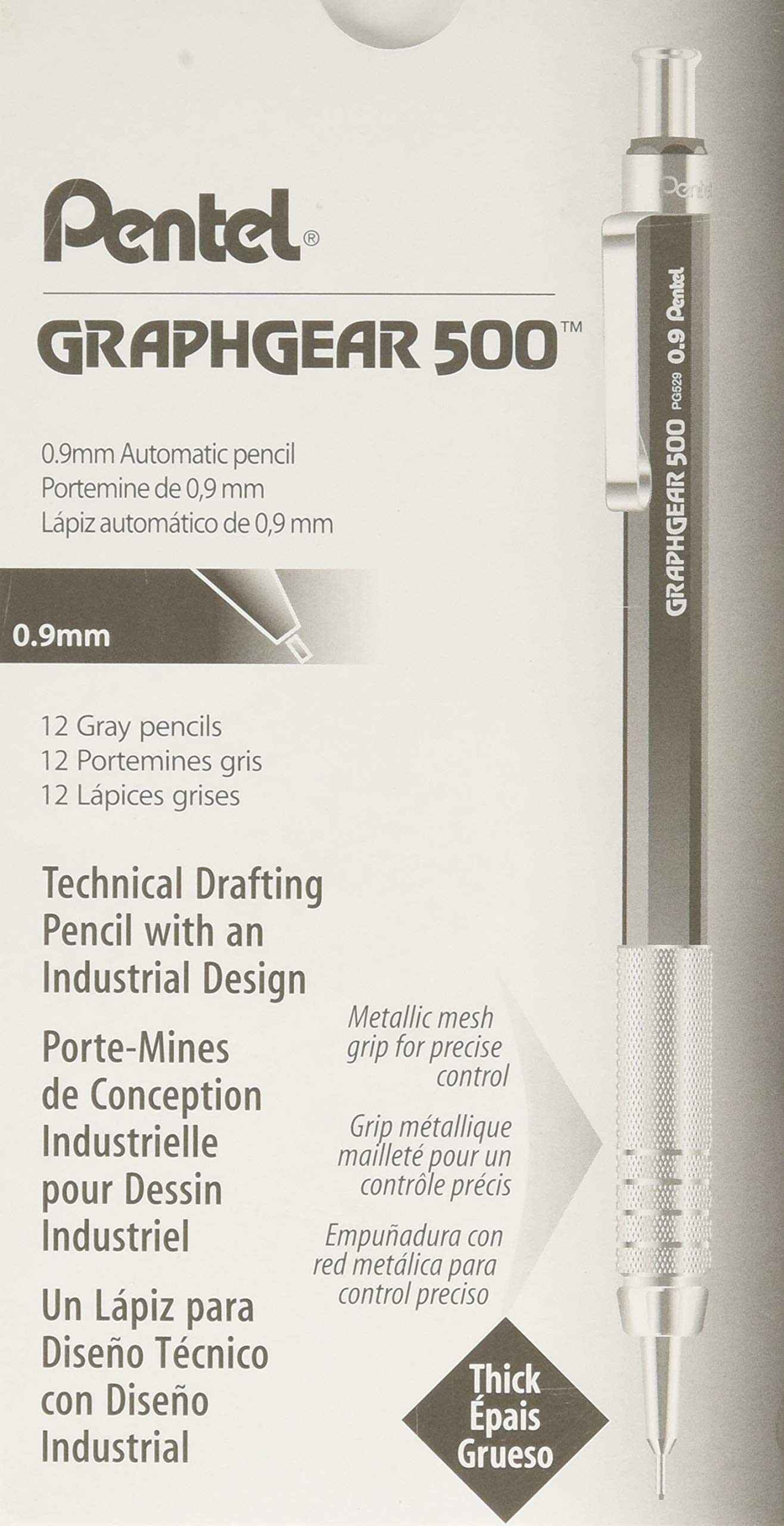 Pentel Graphgear 500 Pack of 12 Mechanical Pencils with Fixed Barrel 4 mm Grey 0,9 mm