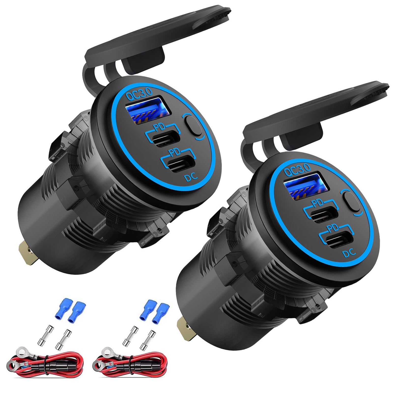 Photo 1 of 2 Pack 12V USB Outlet Wired Charger Multi Port, Dual PD3.0 USB-C and Quick Charge 3.0 Car Port Socket with Power Switch, Fast Charger for Cell Phone Tablet, Suitable for Car Boat RV Marine ATV