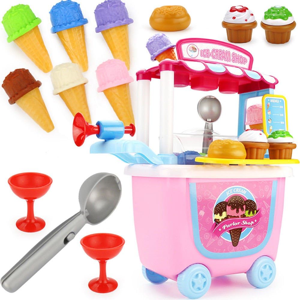 EVERGD Cute Kids Simulation Ice Cream Shop Dresser Cart Pretend Toy Set Role play Gift, Pink-ice Cream Set, Small - Image 5