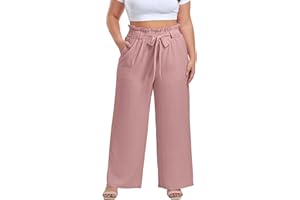 OLRIK Women's Casual Plus Size Pants High Waisted Self-tie Belted Lounge Pants Straight Long Trousers with Pockets