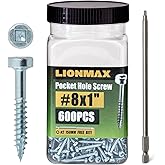 LIONMAX Pocket Screws #8 x 1 Inch Fine Thread, 600PCS Pocket Hole Screws Square Drive, Pan Head, Zinc Plated, for Hardwood, 150MM Drive Bit Included