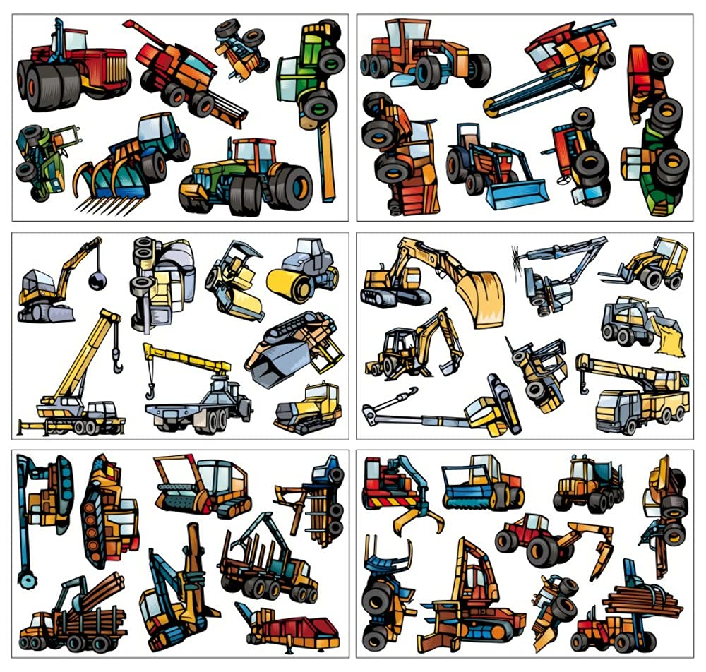 46 Piece Wall Art Sticker Set Digger Tractor Construction Machines Crane Truck, multicoloured, 6x 16x26cm