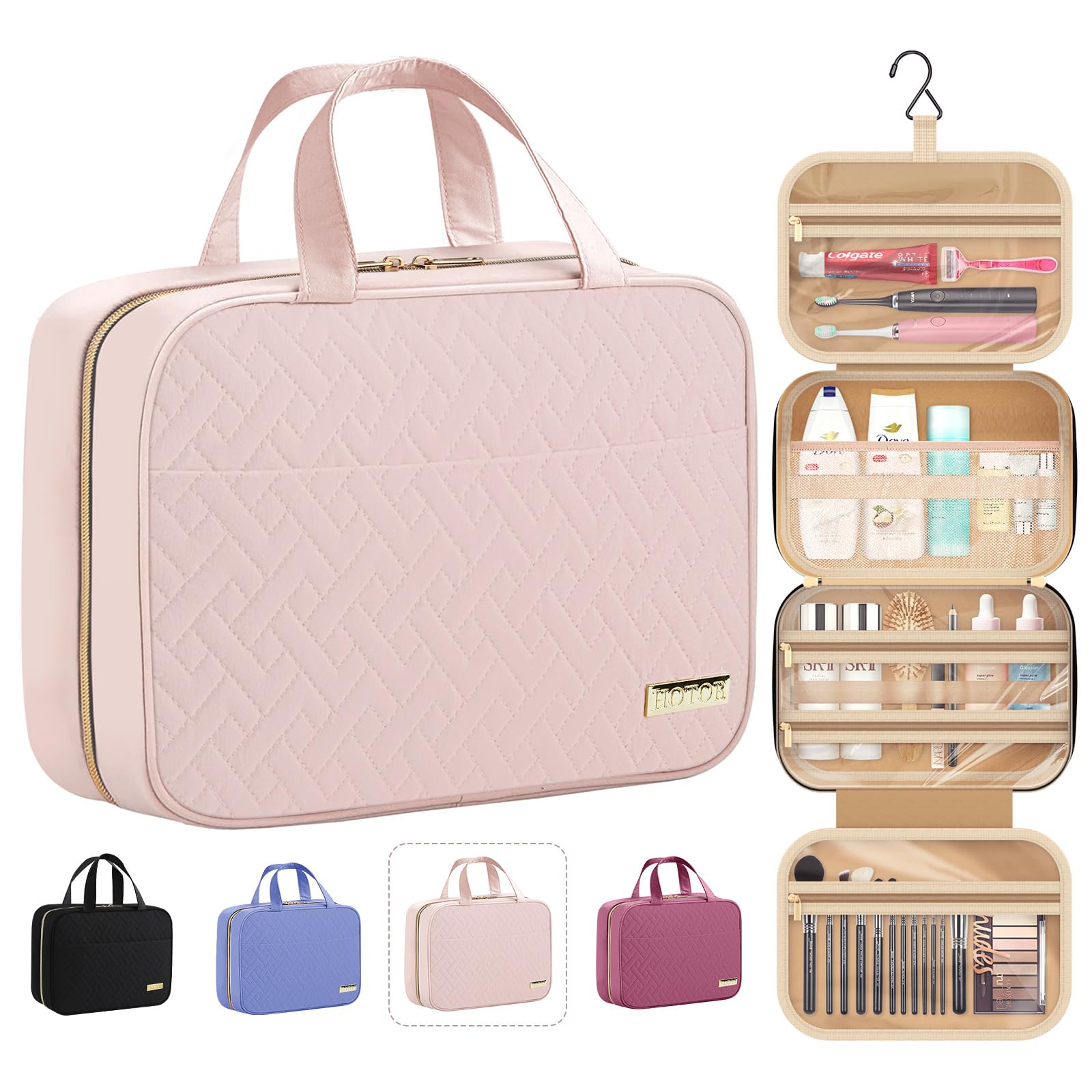 Photo 1 of HOTOR Travel Toiletry Bag w/Hanging Hook - Spacious Toiletry Bag Essentials for Women & Men, Makeup Bag/Big Comparment, Waterproof for Travel Accessories, Medium, Pink