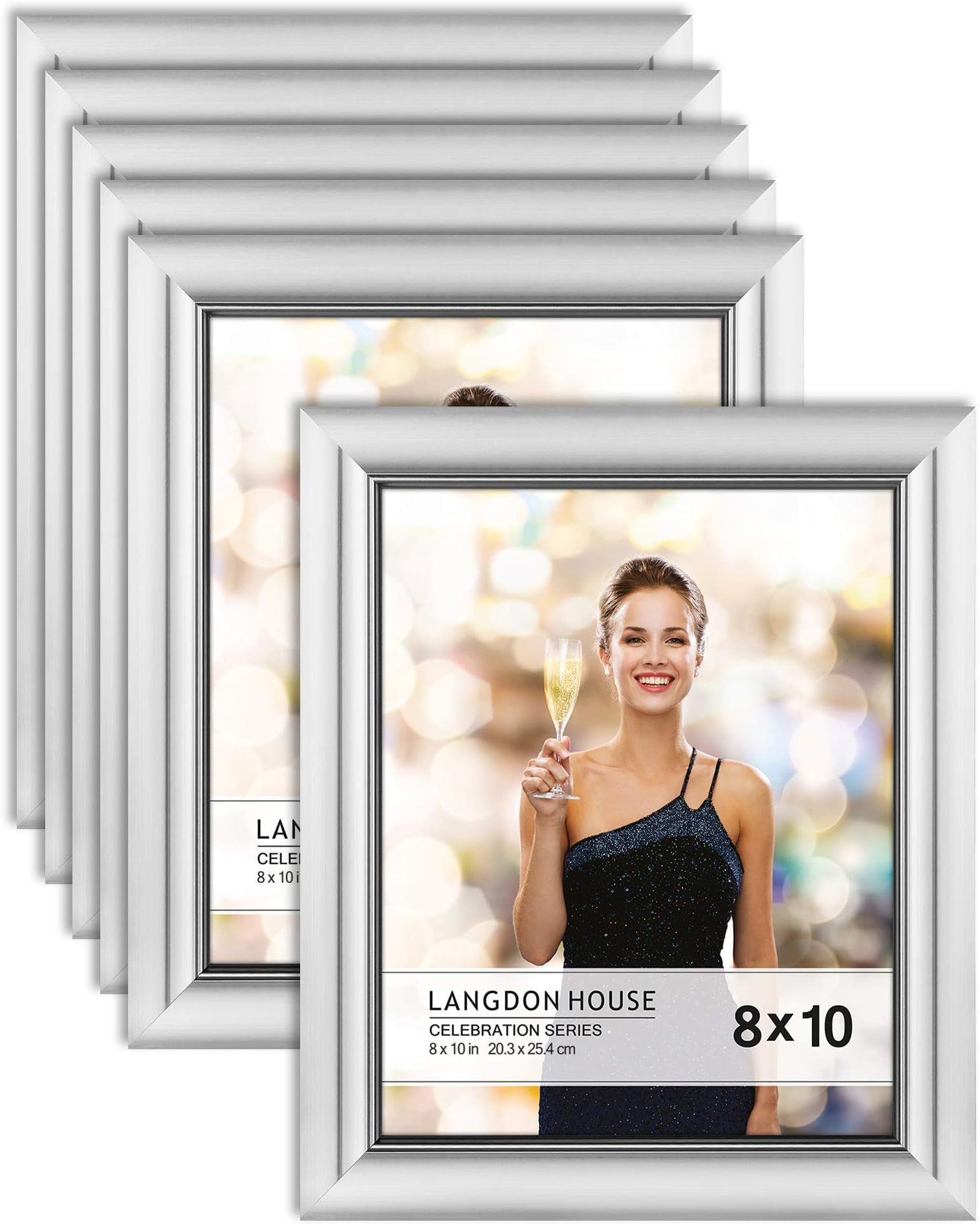 Langdon House 8x10 Picture Frames (Silver, 6 Pack), Contemporary Glam Photo Frames 8 x 10, Wall Mount or Table Top, Celebration Collection