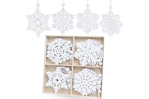 HUADODO 16 Pieces White Snowflakes Ornaments 3inch Wooden Snowflake Christmas Ornament for Winter Home Tree Garland Christmas Decoration Holiady Crafts 8 Styles