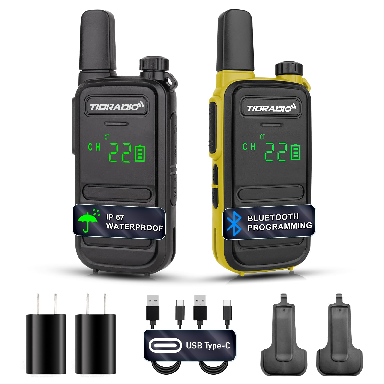 Photo 1 of TIDRADIO TD-M11 Walkie Talkies Waterproof IP67 FRS Long Range Two Way Radio with LED Display,NOAA Weather,Walky Talkiy for Industry, Security Work (2 Pack) Black ? Yellow