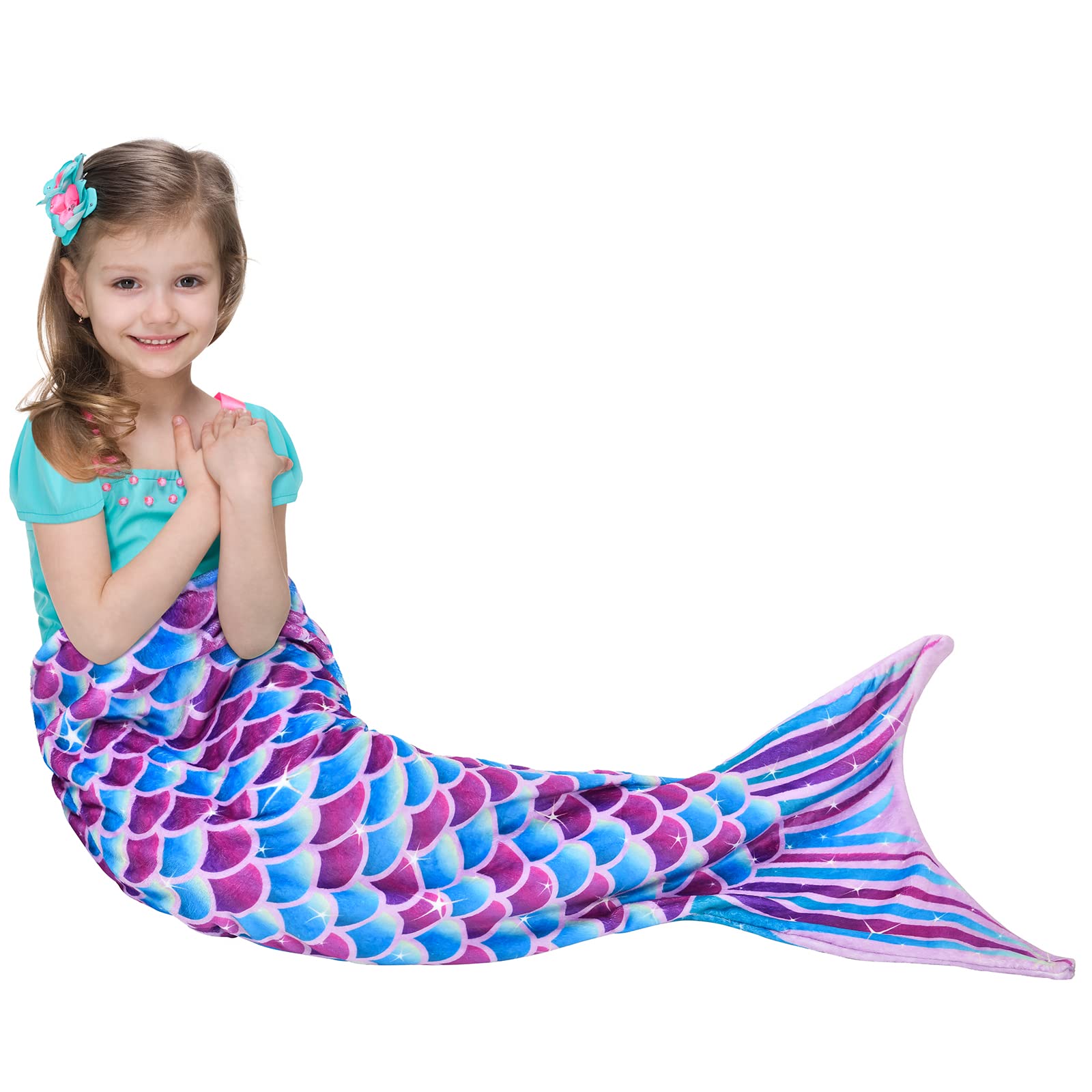 Mermaid Tail Blanket - Plush Mermaid Blankets for Girls Kids Adults All Seasons Soft Flannel Fleece Mermaid Sleeping Bag Wearable Blanket Colorful Scale Snuggle Blanket Birthday Gift, 140 x 60cm