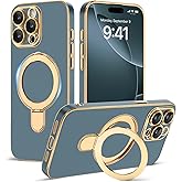 Amzfield Magnetic for iPhone 15 Pro Case with Stand [Compatible with MagSafe] [Full Camera Protection] Cute Slim Phone Case for iPhone 15 Pro Women Girls, Grey Blue