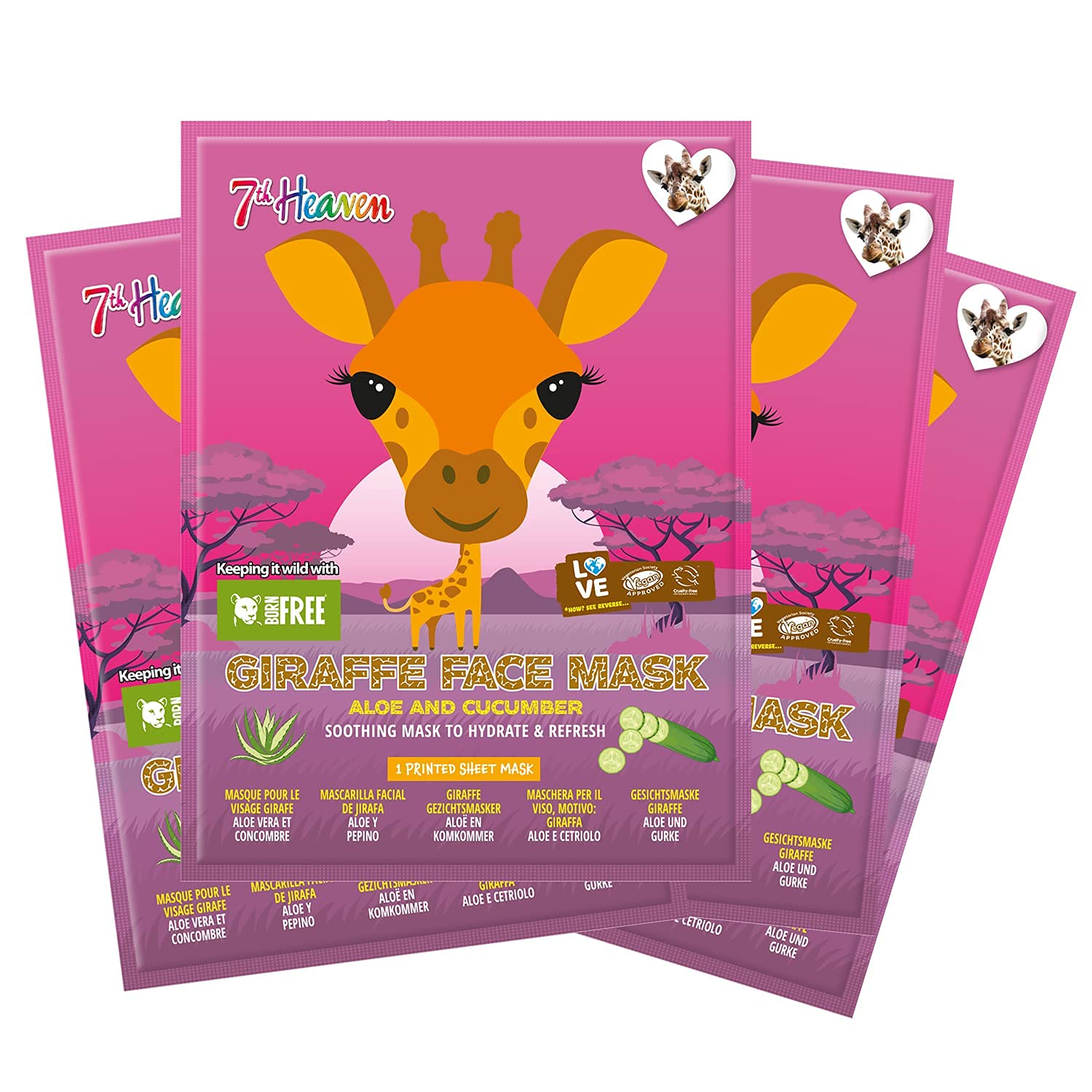 7th Heaven Born Free Giraffe Sheet Face Mask Multipack (Pack of 4) with Cucumber and Aloe Vera to Soothe, Hydrate and Refresh Skin (Ages 8+)