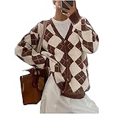 MakeMeChic Women's Oversized Checkered Sweaters Button Down Long Sleeve Argyle Knitted Outerwear