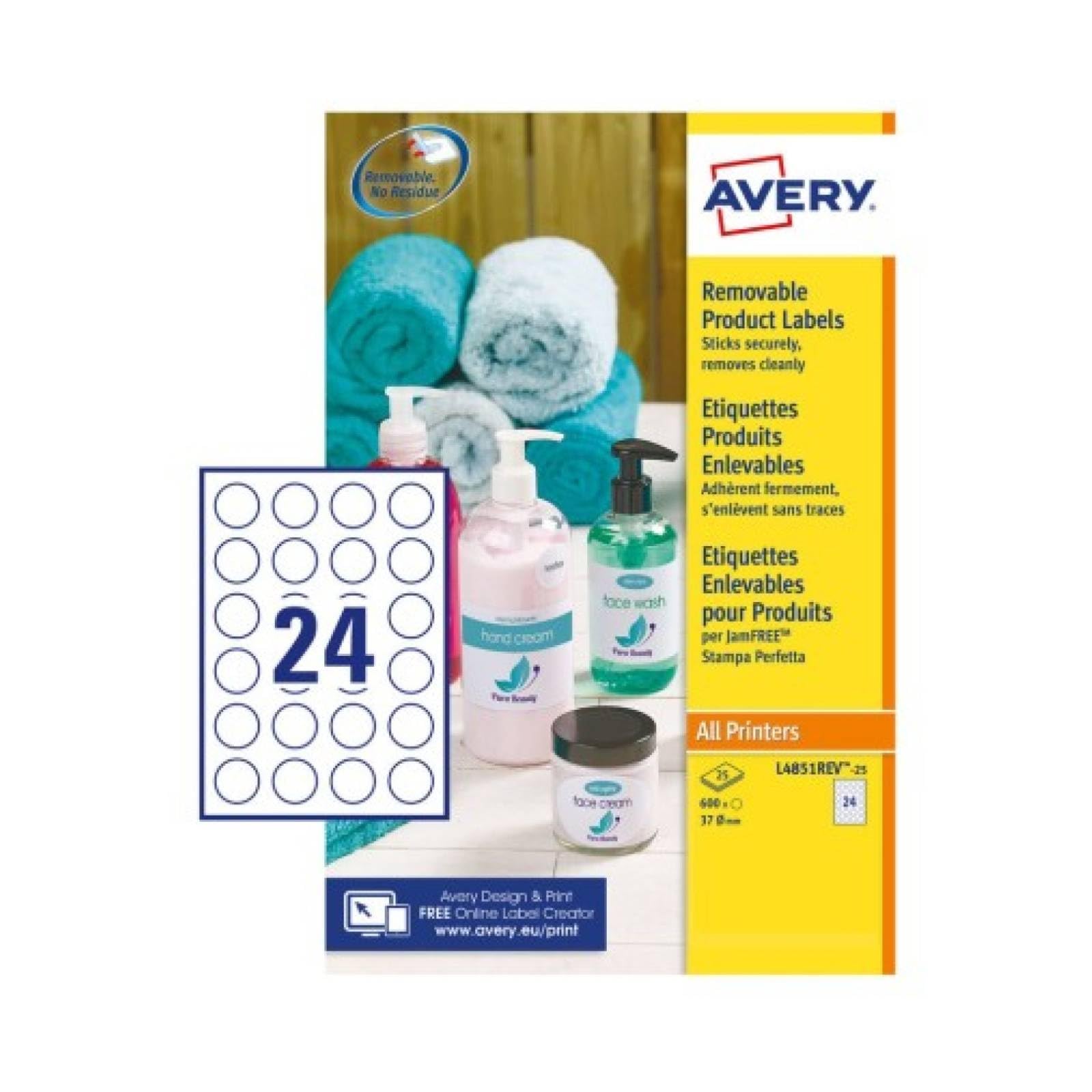 Avery Removable, Printable, Multi Purpose Circle Labels, Multi Surface, Ø37 mm, White, 24 Labels per Sheet, 600 Blank Labels per Pack (L4851REV-25)