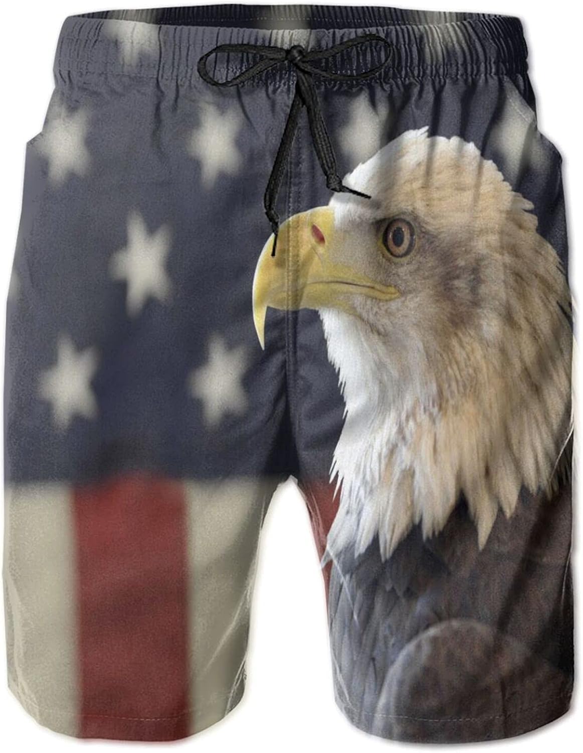 Men's Swim Trunks,Bald Eagle and American Flag Summer Drawstring Quick