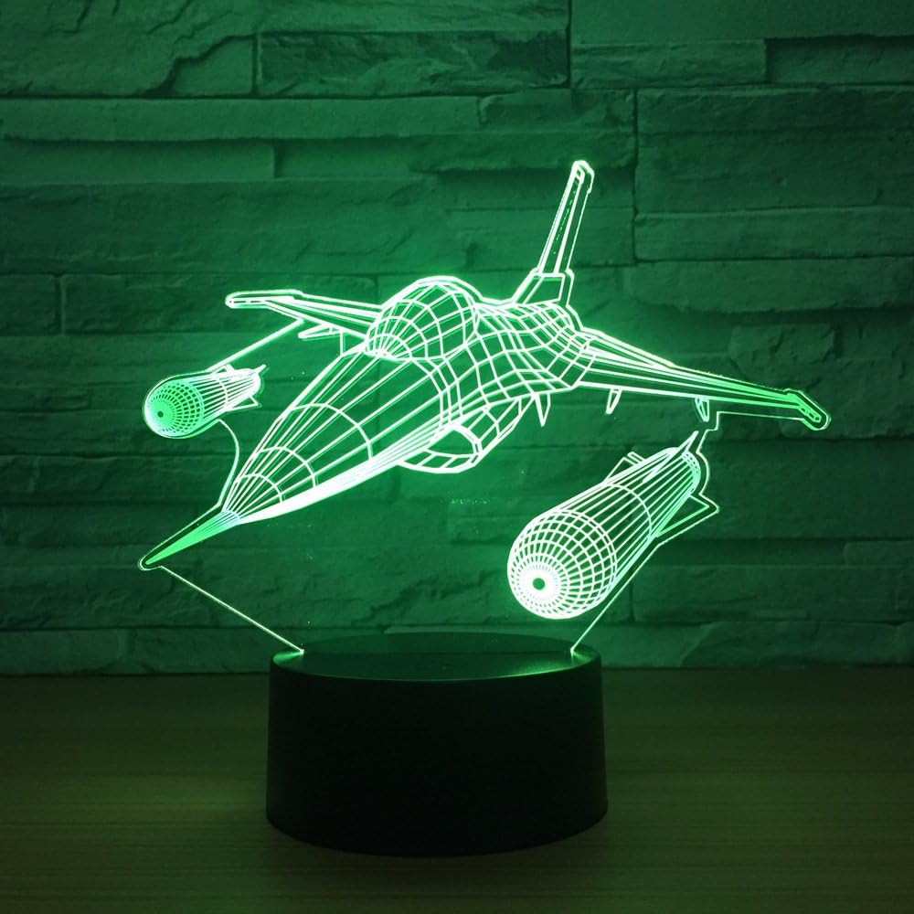 3D Night Light Combat Aircraft Model Illusion Nightlights Touch Switch Bedside Lamp 7 Color Change Led Light Bulb Perfect Birthday Christmas Gift for Girl Child Boy Adult Women