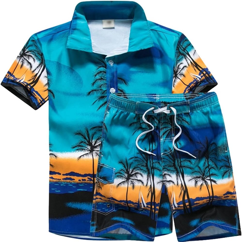 JEELINBORE Mens Hawaiian Shirts Hawaii Beach Party Holiday Fancy Dress Swim Costume Palm Shirt & Shorts Set