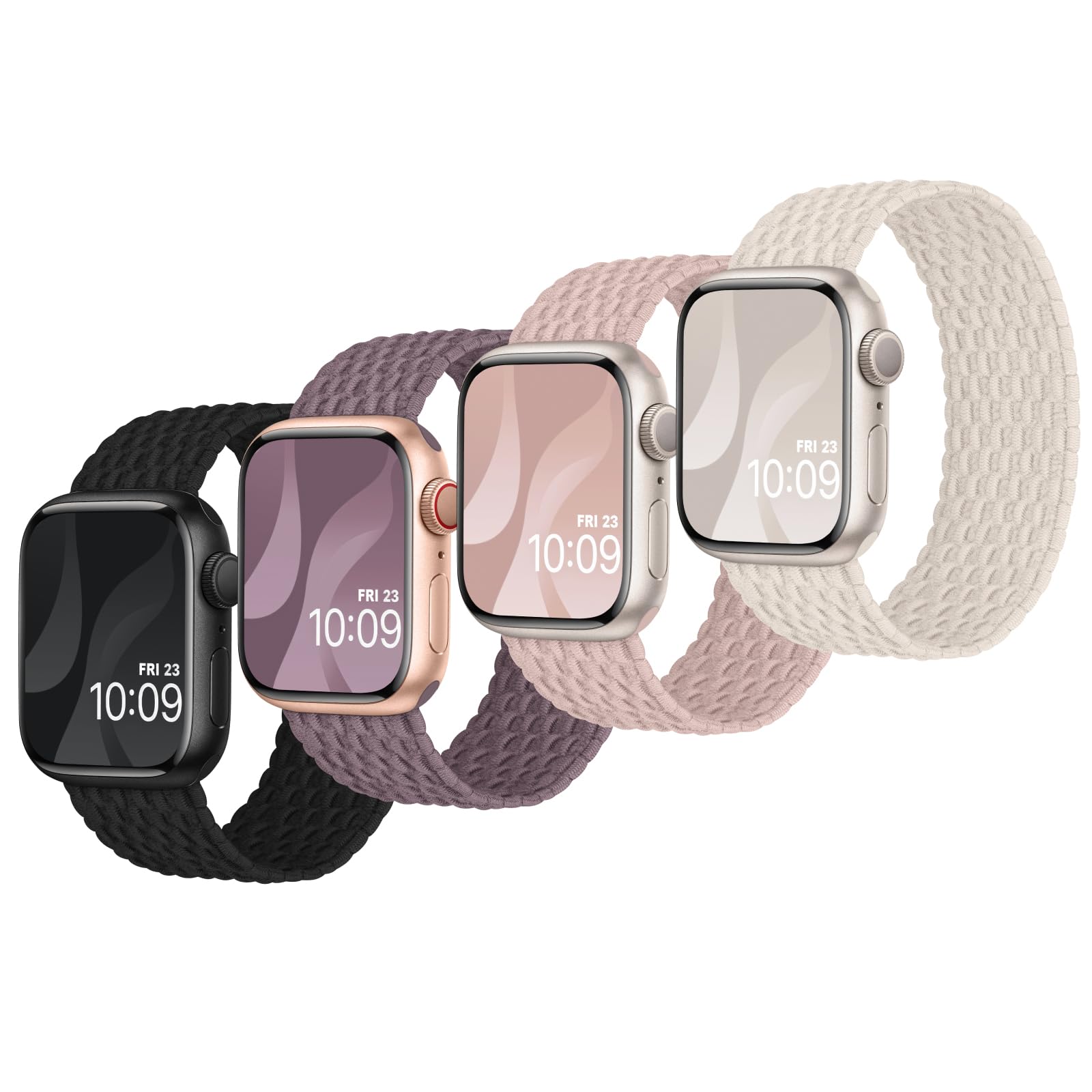 Finoriss Solo Loop Bracelet Compatible with Apple Watch 41 mm 40 mm 38 mm, Braided Stretchy Nylon Fabric Strap for Apple Watch 9 8 SE 7 6 5 4 3 2 1, Pack of 4