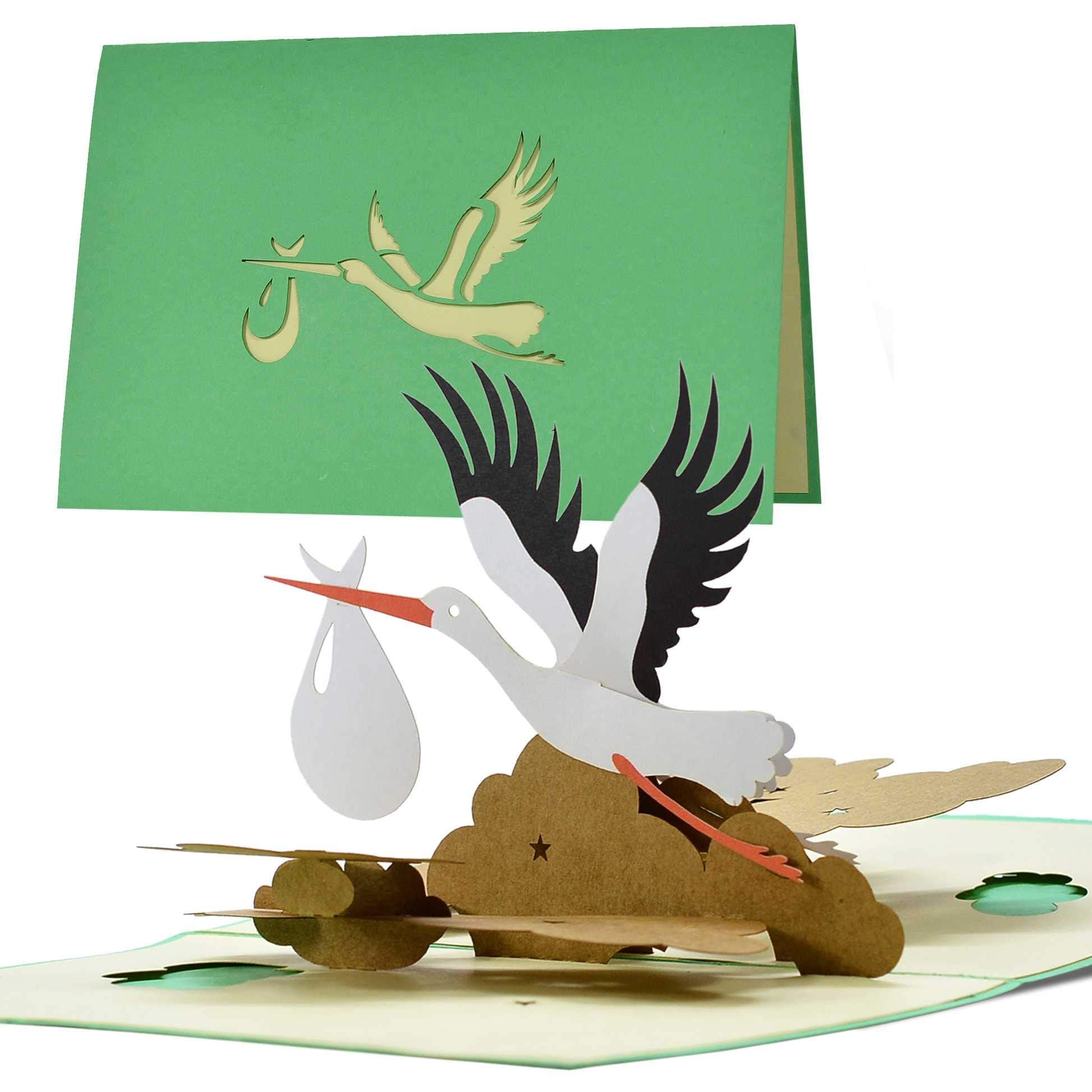 Diese-Klappkarten 3D Pop Up Card for Birth Boy Girl - Stork Design - Voucher Baby Card Birth Girl Boy - Greeting Card Baby Card Birth Card