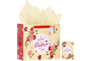 Usmilegift 13" Mothers Day Gift Bags with Greeting Card and Tissue Paper for Woman, Moms, Grandmas, Nanas-Elegant Floral & Gold Foil Happy Mother's Day Lettering