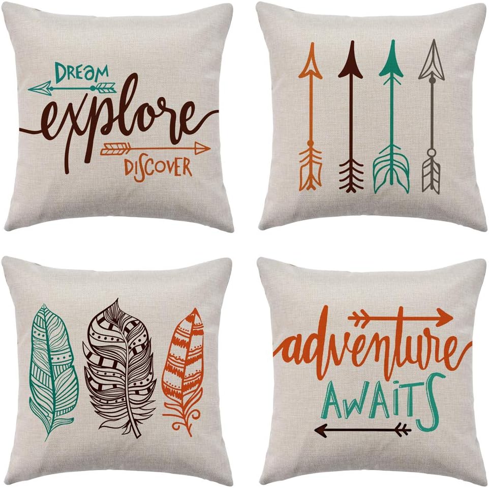 Arrow Decorative Throw Pillow Covers 18"x 18" Set of 4, Faux Linen Inspirational Quotes Pillow Case Cushion Cover for Bed and Couch(Dream Explore Discover, Ethnic Arrows, Feathers, Adventure Awaits)