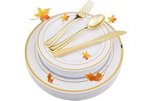 WDF-125 PCS Thanksgiving Plastic Plates - Fall Plates Disposable Include 25 Dinner Plate, 25 Salad Plate, 25 Forks, 25 Knives, 25 Spoons for Parties/Thanksgiving/Friendsgiving
