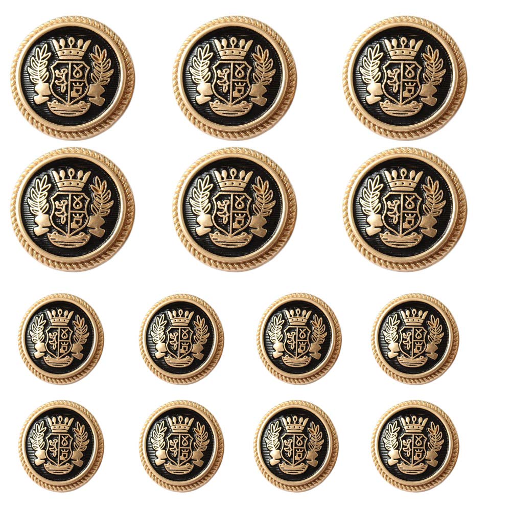 Photo 1 of MebuZip 14 Pieces Black Gold Metal Blazer Button Set 15mm 20mm for Blazers, Suits, Sport Coats, Uniform, Jackets (MBM22)