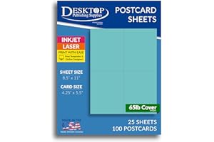 Blank Colored 4-up Postcard Paper by Desktop Publishing Supplies - 25 Sheets / 100 Postcards Pack - Printable with Laser or Inkjet Printer - Plain Matte Cardstock (Bright Blue)