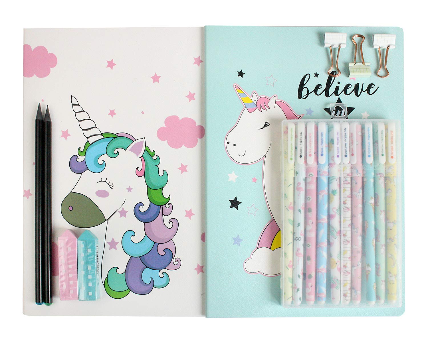 Emartbuy Cool Stationery Unique Gift Set with Unicorn B5 Soft Notebooks Journal Eraser Pencil Gel Pen Metal Paper Clip With Unicorn Gift Bag