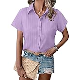 HOTOUCH Womens Button Down Shirt Short Sleeve Dress Shirt V Neck Collared Button Up Summer Tops Textured Work Blouse