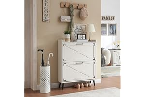 Barnyatoh Shoe Storage Cabinet,Farmhouse Shoe Organizer with 2 Flip Drawers & Barn Door Design,Freestanding Hidden Slim Narrow Shoe Rack Cabinet for Entryway,Foyer,Hallway,Antique White