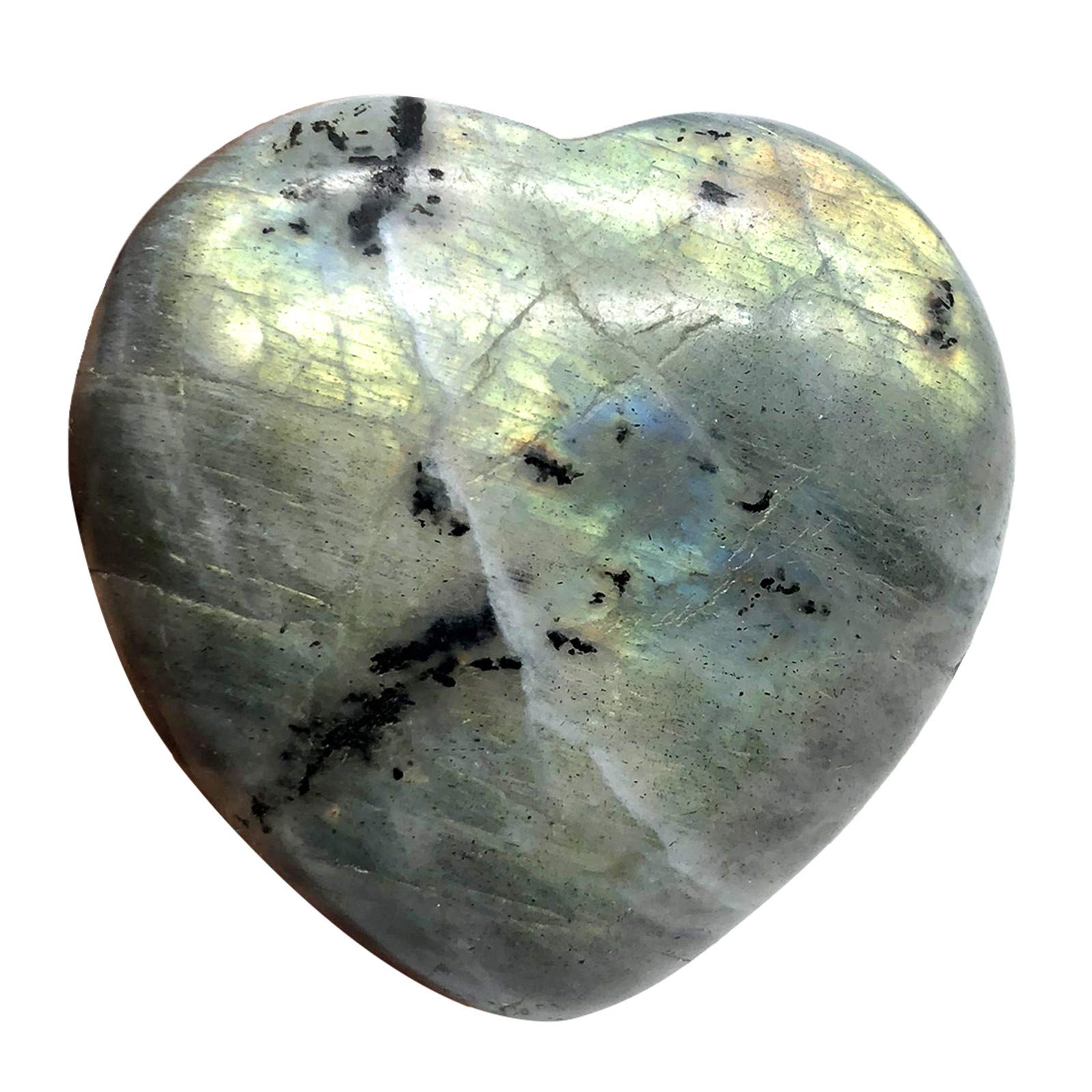 Fekuar White Labradorite Heart Pocket Palm Stone, Healing Crystal Romantic Love Energy Worry Stones Chakra Balancing Reiki Meditation 1.5" (40mm)