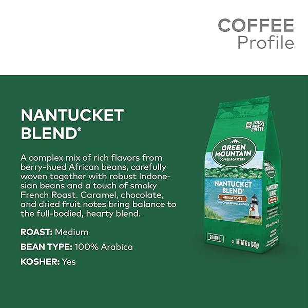 GREEN MOUNTAIN COFFEE ROASTERS, NANTUCKET BLEND, FAIR TRADE CERTIFIED, GROUND COFFEE, MEDIUM ROAST, BAGGED 12OZ.