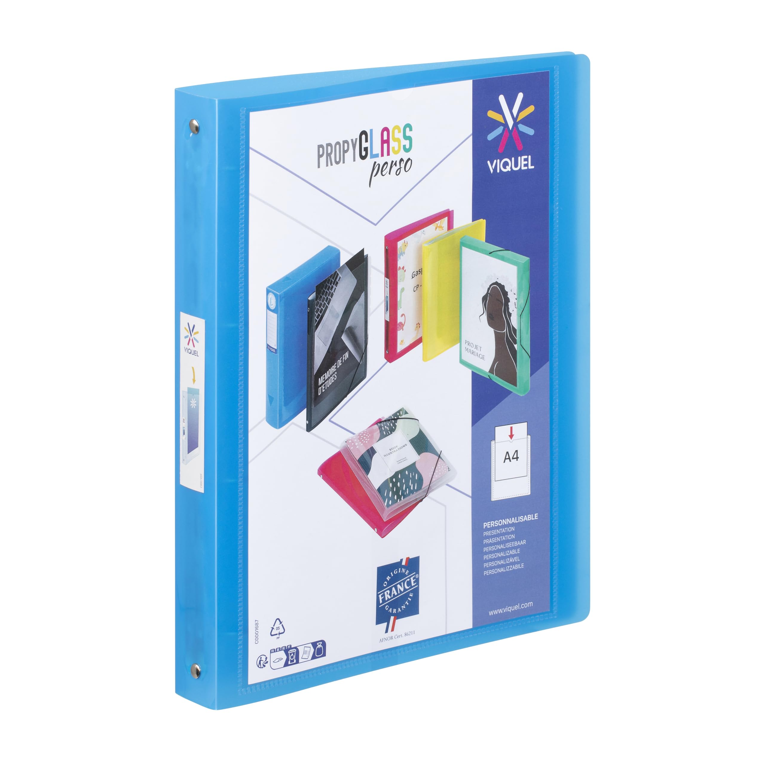 Viquel - Flexible Plastic 4-Ring Binder - Customisable 3.5 cm Spine Binder - ID Label - A4 Size - Premium Quality - Made in France - Translucent Blue