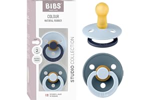 BIBS Colour Studio Pacifier 2-Pack, BPA Free, Round Nipple. Natural Rubber Latex, Made in Denmark, Size 2 (6-18 Months) - Baby Blue/Petrol