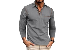 QEKOMA Men's Casual Polo Shirts Classic Long Sleeve Basic Button T-Shirt Lightweight Cotton Golf Tops with Pocket