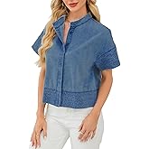 EZAPINE Womens Crop Denim Jacket Short Sleeve Button Down Lightweight Jean Tops Trendy