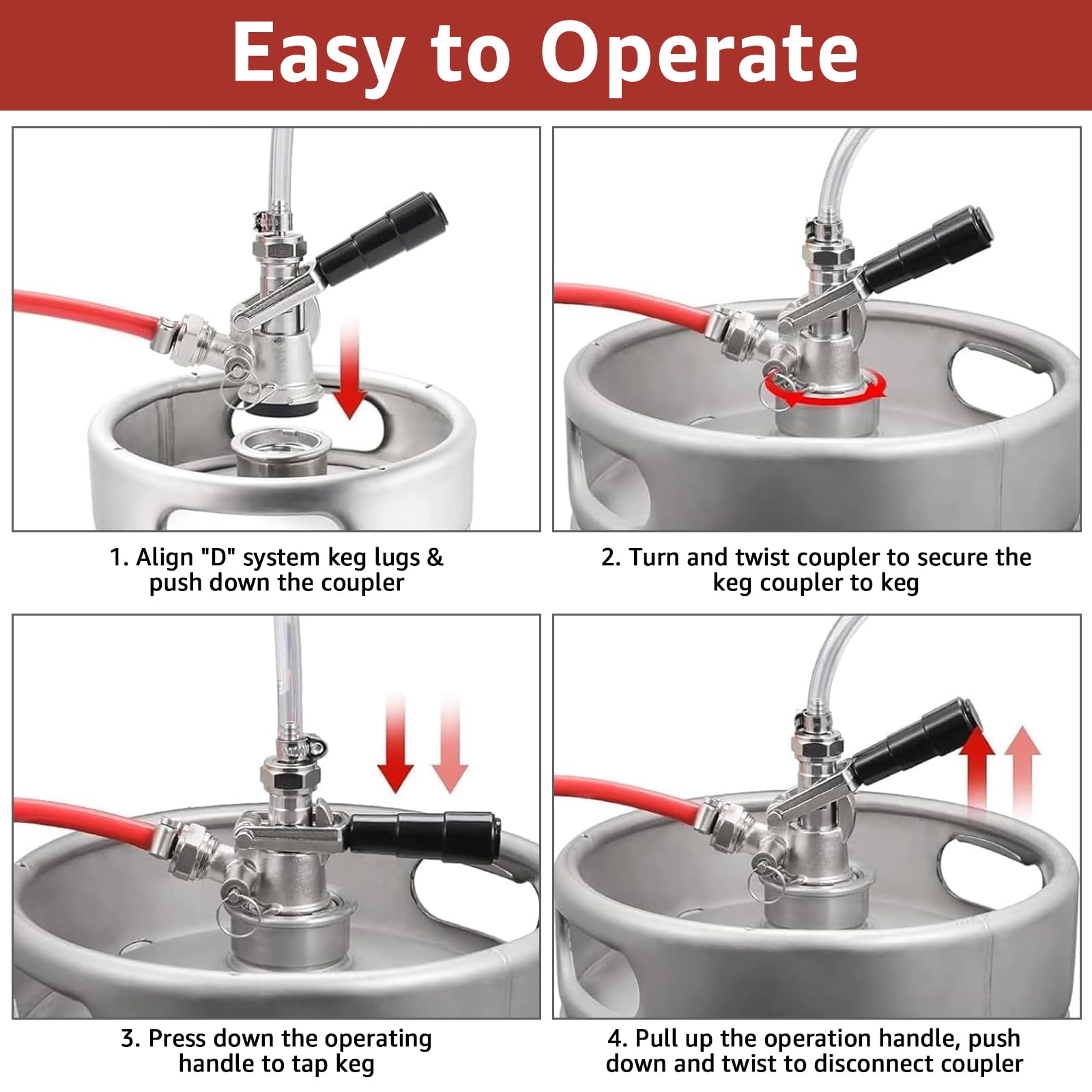 MRbrew Keg Coupler, Sankey D System Keg Tap 304 Stainless Steel Probe, Beer Coupler Kegerator Parts D Coupler Beer Tap Dispenser for I.D 5/16'' Beer Line Gas Tubing with Hose Clamp