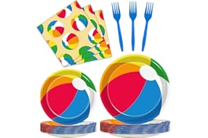 Kepeel 96 Pcs Summer Pool Beach Party Paper Plates Napkins, Beach Pool Ball Party Decorations Supplies Disposable Dinnerware Tableware for Kids, Serves 24