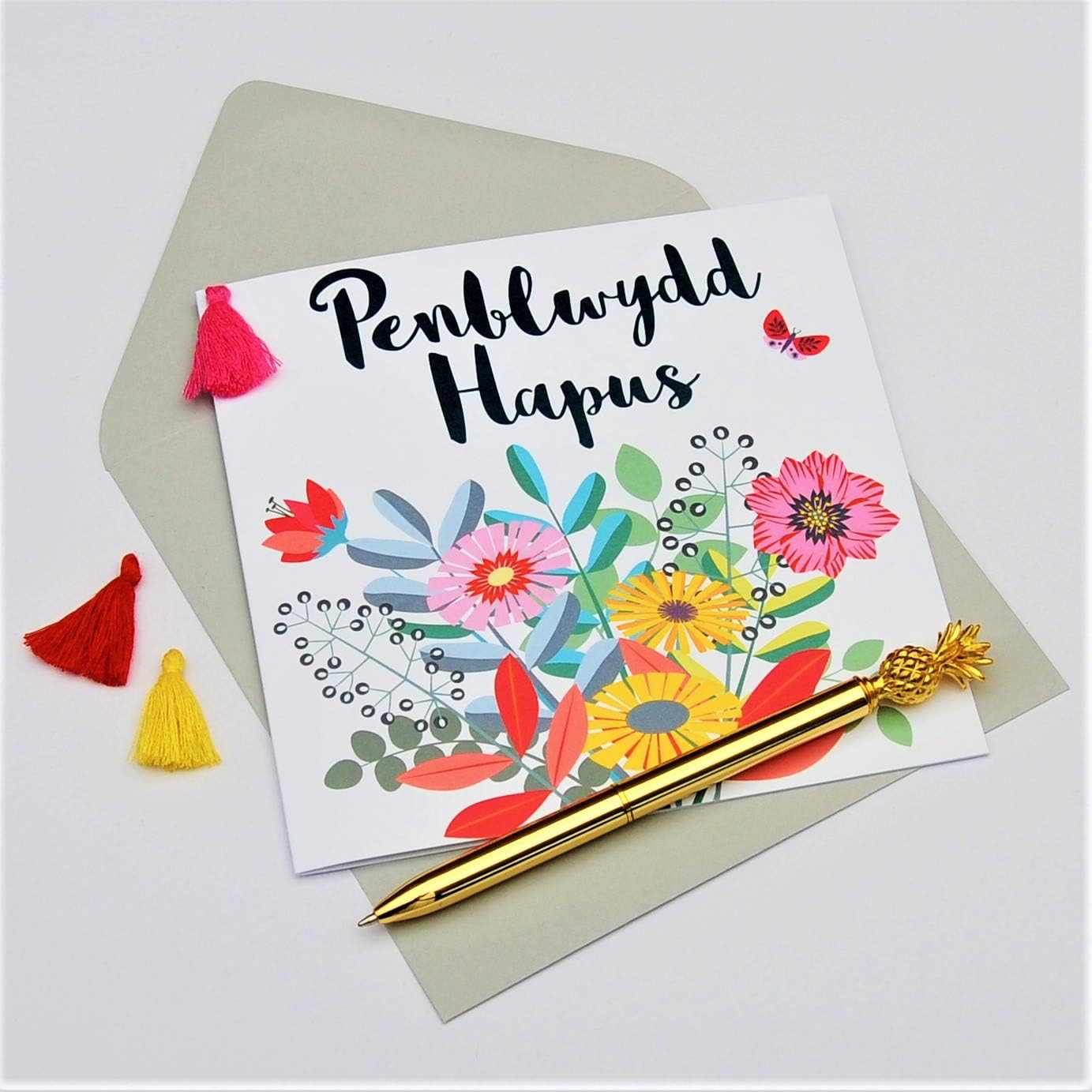 Claire Giles Greeting Cards, Welsh Birthday Card, Penblwydd Hapus, Bouquet, Embellished with a Colourful Tassel - Image 4