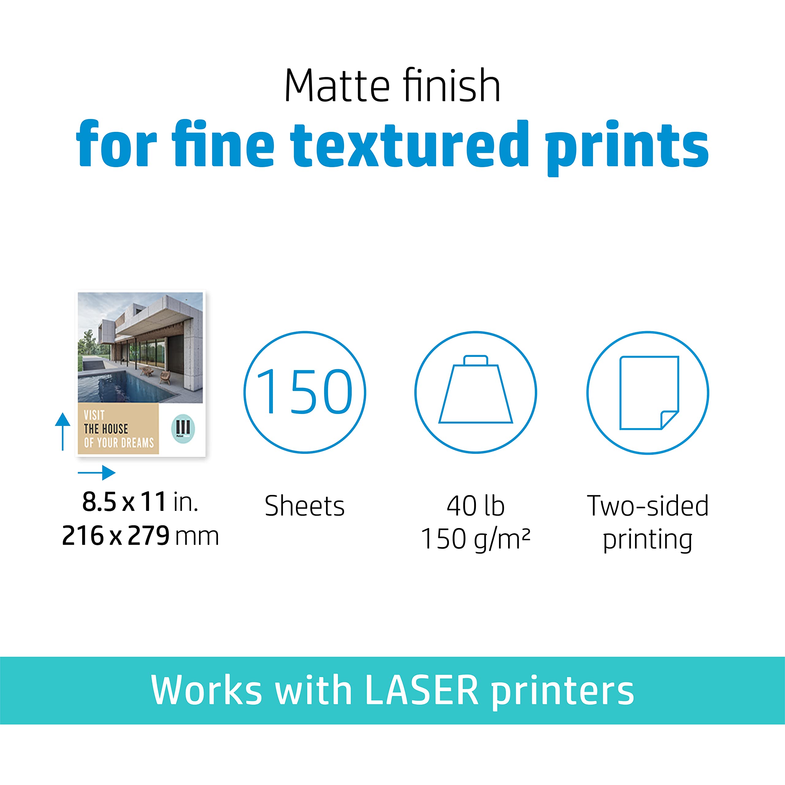 HP Enhanced Business Paper, Matte, 8.5x11 in, 40 lb, 150 sheets, works with laser printers (Q6543A),White