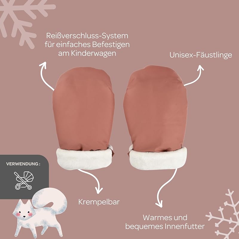 , Fäustlinge/Handschuhe/Schutzhandschuhe für Kinderwagen, Regen-/Schneeschutz, Reißverschluss, Ultrawarm, Weich, Fleece gefüttert, Winddicht, Wasserdicht, Atmungsaktiv, Terracotta